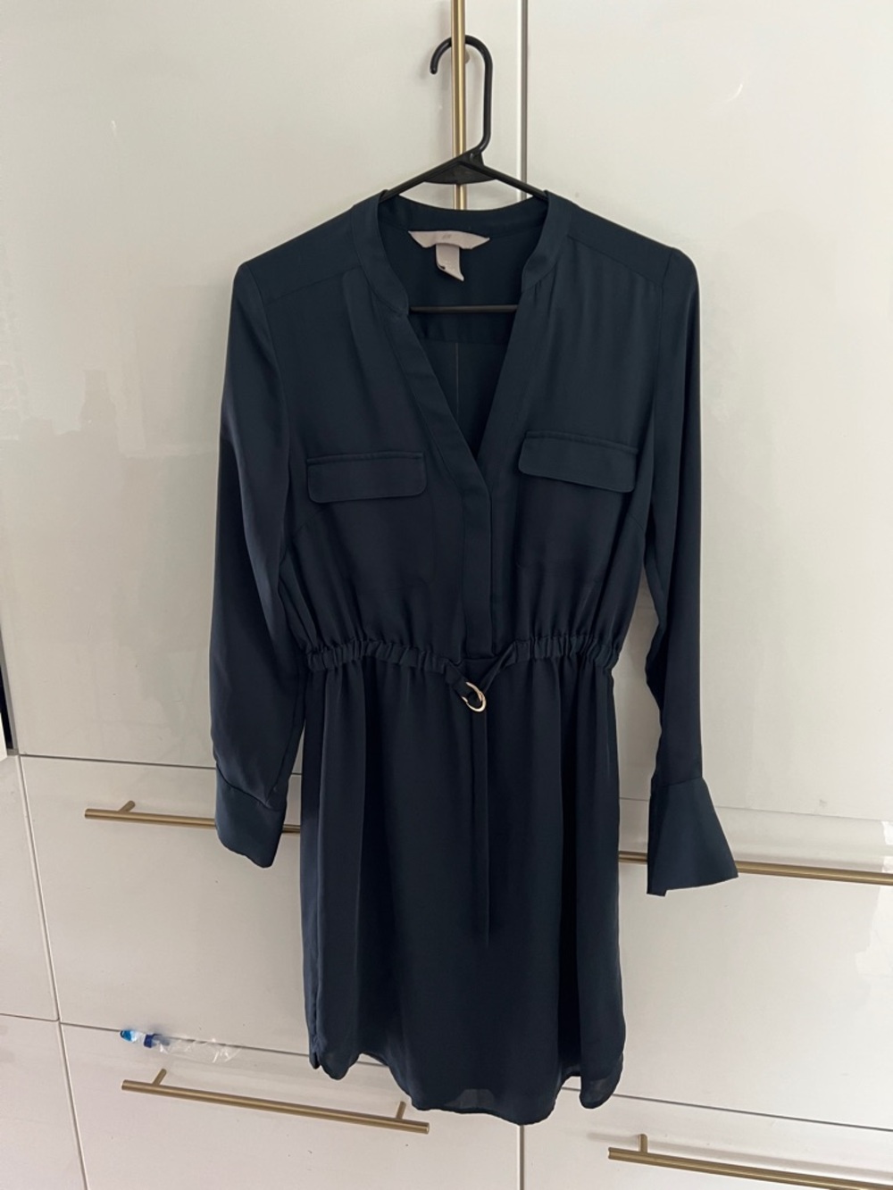 H&M Navy Long Sleeve Drawstring Shirt Dress
